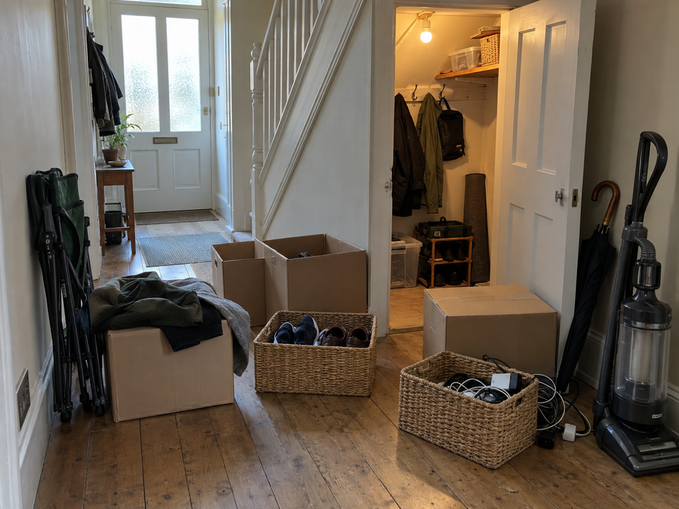 The cupboard under the stairs, its door open and half emptied, coats, shoes and cables part-grouped in boxes and baskets on the hall floor.