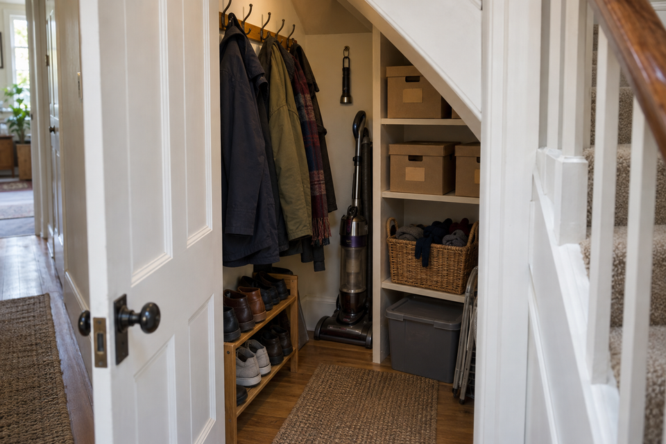A cupboard under the stairs in use: coats on hooks, shoes on a rack and boxes on shelves.